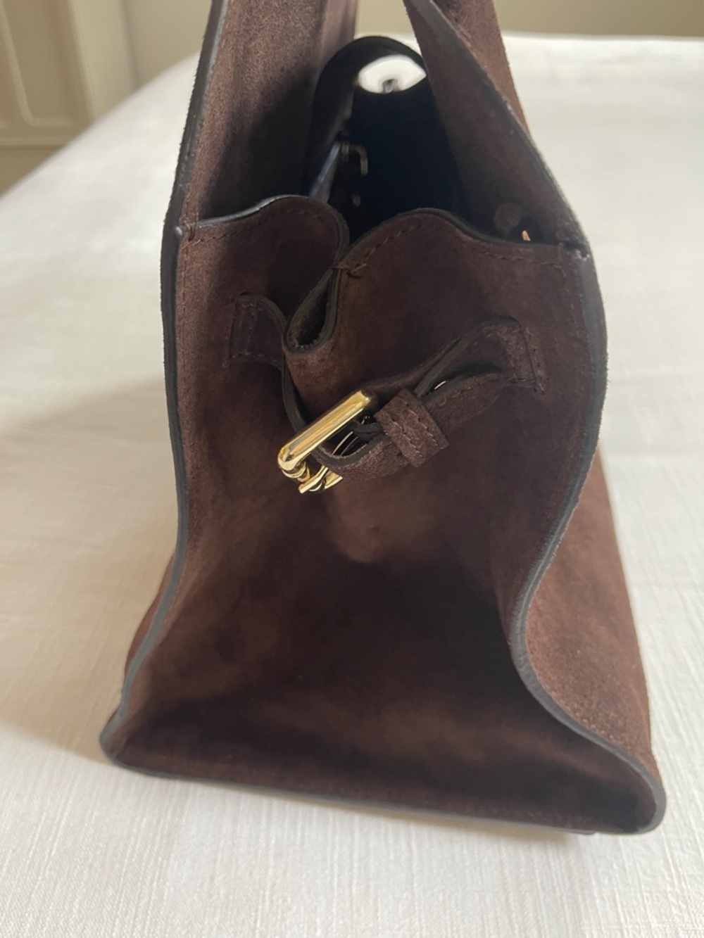 Structured Dark Brown Suede Satchel Handbag - Picture 7 of 7